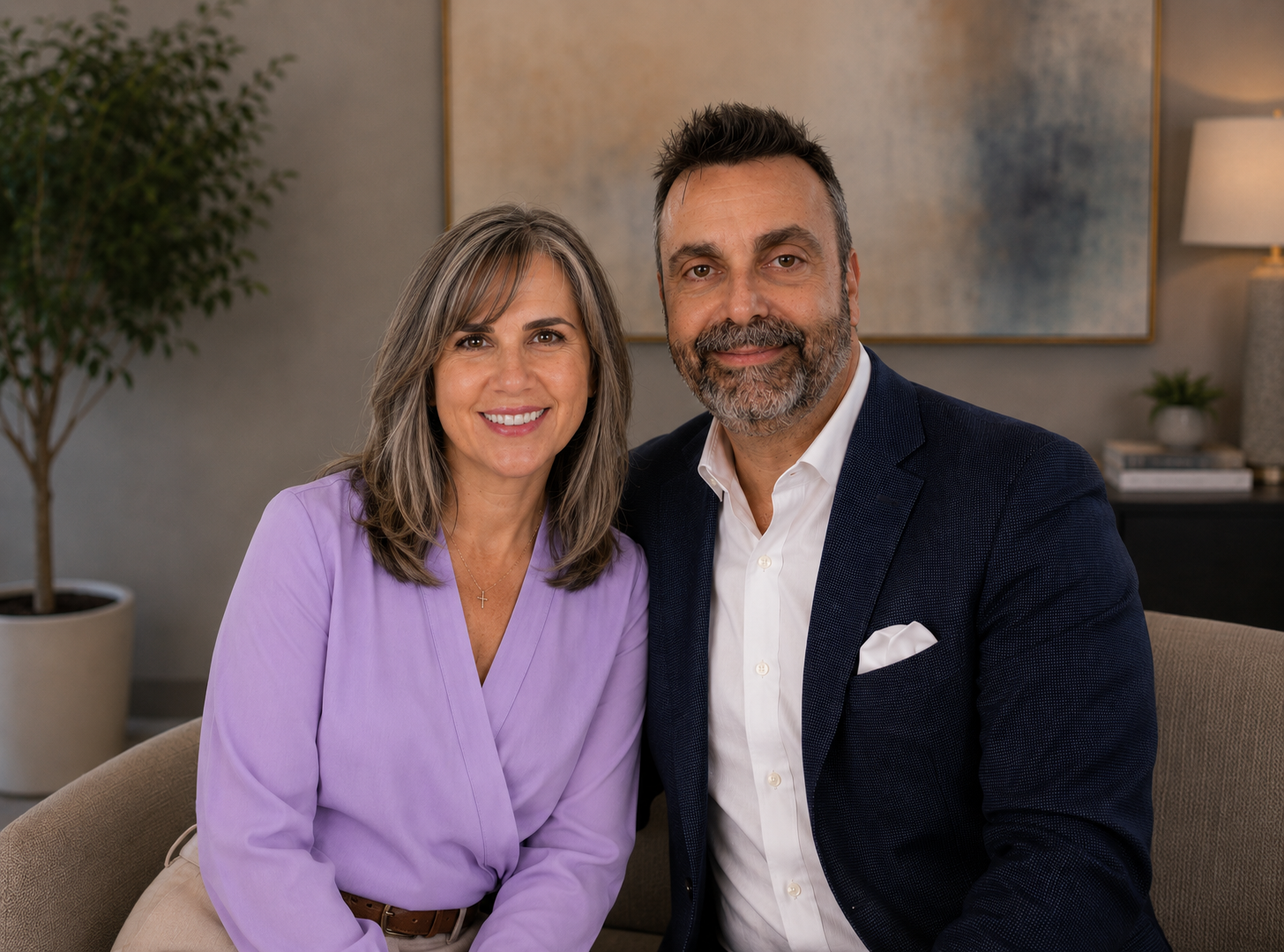Sandra DeGroat and Ken Litwak smiling together in a warm, modern office